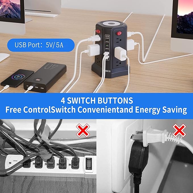 Surge Protector Power Strip Tower with 5 USB Ports and Night Light, 10FT Extension Cord with 12 AC Multiple Outlets, PASSUS Power Tower, Overload Protection for Home Office Dorm Room (2PC-Black)
