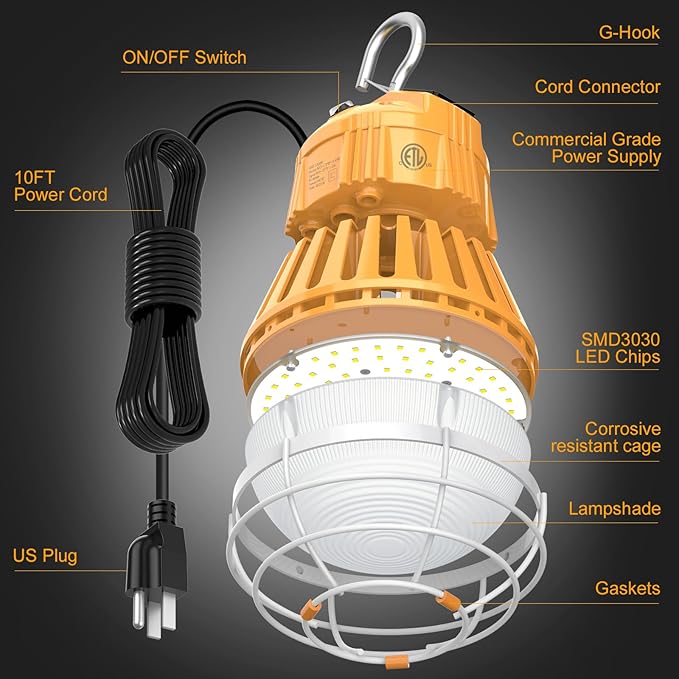 Construction Lights with 100W/80W/60W Adjustable, Linkable LED Temporary Work Light 5700K/5000K/4500K, AC100-277V, 13000LM Outdoor Jobsite Lighting Portable Hanging Work Light