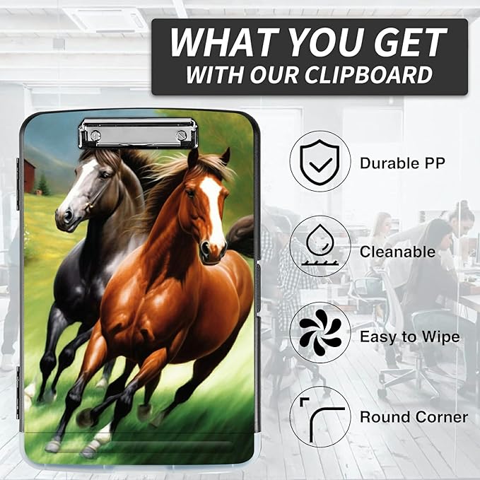 File Clipboard Storage with Pen Holder High Capacity Plastic Nursing Clipboards File Folder Storage Box Clipboard with Heavy Duty Clips for Teacher,Doctor,Offices-Running Horse