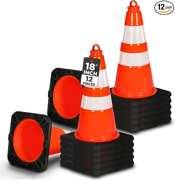 Pyle 18" PVC Traffic Cones, 12-Pack Safety Cones for Parking, Construction, Roadwork, & Sports Training, High-Visibility Orange, Durable, Stackable Design, Heavy-Duty Base for Stability in All Weather