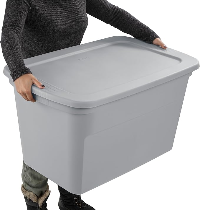 Sterilite 30 Gal Storage Tote, Stackable Bin with Lid, Plastic Container to Organize Clothes, Blankets in Closet, Basement, Gray Base and Lid, 6-Pack