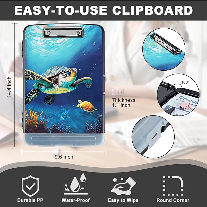 Clipboard with Storage,Heavy Duty Plastic Storage Clipboard with Low Profile Clip,Teacher Must Haves,Office Supplies,Ocean Sea Turtle Fish