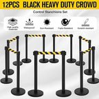Therwen 12 Pcs Stanchions with 8.2 ft Retractable Belt Black Yellow Crowd Control Stanchions Set and Stanchion Post Sign Easy to Assemble Line Dividers Queue Ropes for Theaters, Weddings, Exhibitions