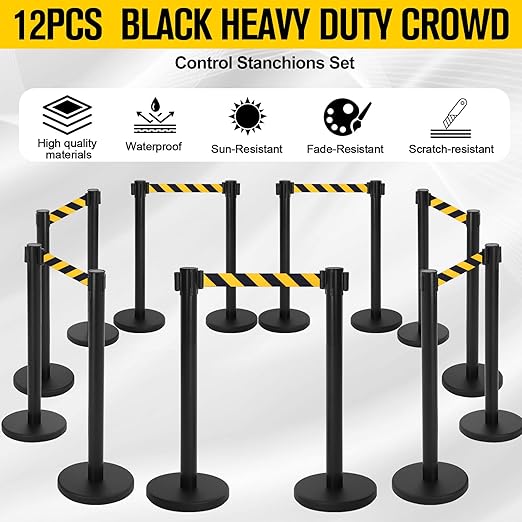 Therwen 12 Pcs Stanchions with 8.2 ft Retractable Belt Black Yellow Crowd Control Stanchions Set and Stanchion Post Sign Easy to Assemble Line Dividers Queue Ropes for Theaters, Weddings, Exhibitions