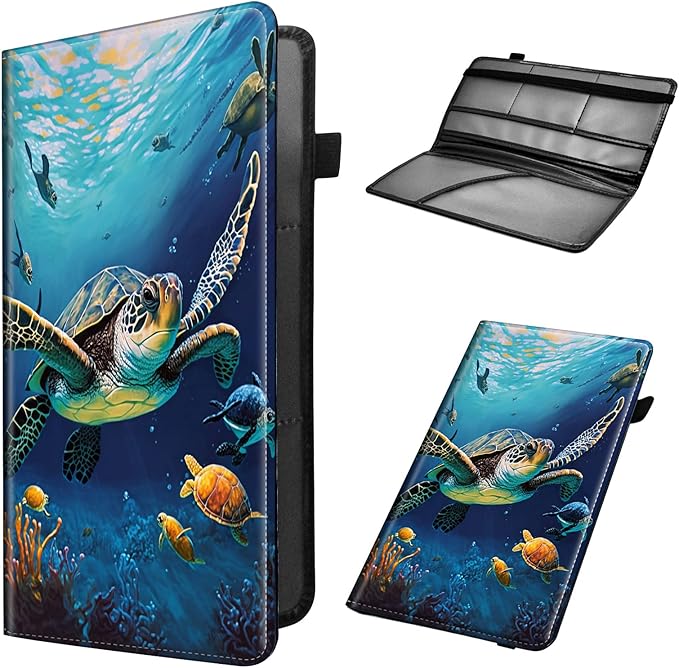 Car Registration and Insurance Holder, Leather Car Glove Box Organizer, Cool Car Accessories for ID, Driver's License Cards & Essential Document, Business Cards, Men&Women,Ocean Sea Turtle Fish