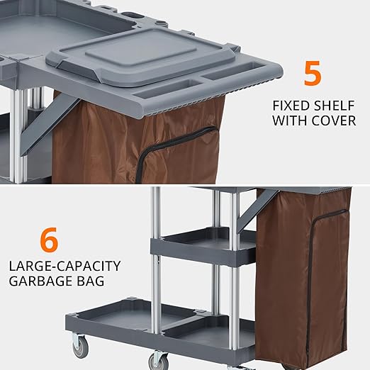Commercial Janitorial Cleaning Cart on Wheels - Black Housekeeping Caddy with Cover, Shelves and Vinyl Bag