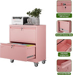 Aobabo 2 Drawer LateralFile Cabinet with Wheels, Lockable Metal Filing Cabinet for Home Office, Legal/Letter Size,Pink,Required Assembled,15.87" D x 28.94" W x 34" H