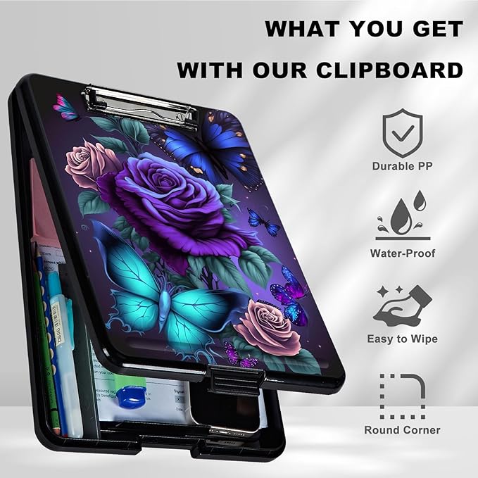 Plastic Storage Clipboard with Low Profile Clip, Heavy Duty Foldable, Coaches Clipboard Case for Work, Teacher, Office, School Supplies, Blue Pink Roses Butterfly