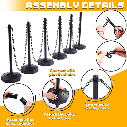 Geiserailie 12 Pack Crowd Control Stanchions, Plastic Stanchions Poles with 5FT Black Plastic Chain Crowd Control Barriers with Fillable Base Traffic Delineator Posts for Parking Lot Construction Cone