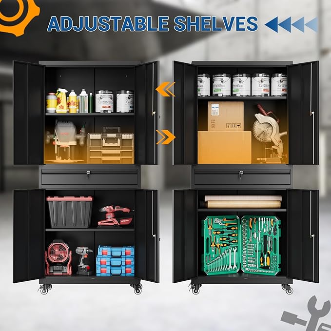 73" Metal Cabinet-Black Heavy Duty Rolling Storage Cabinet Steel Tool Cabinets with Wheels, Shelves, Lockable Doors and Drawers- for Garage, Pantry, Warehouse Home Office- Assembly Required