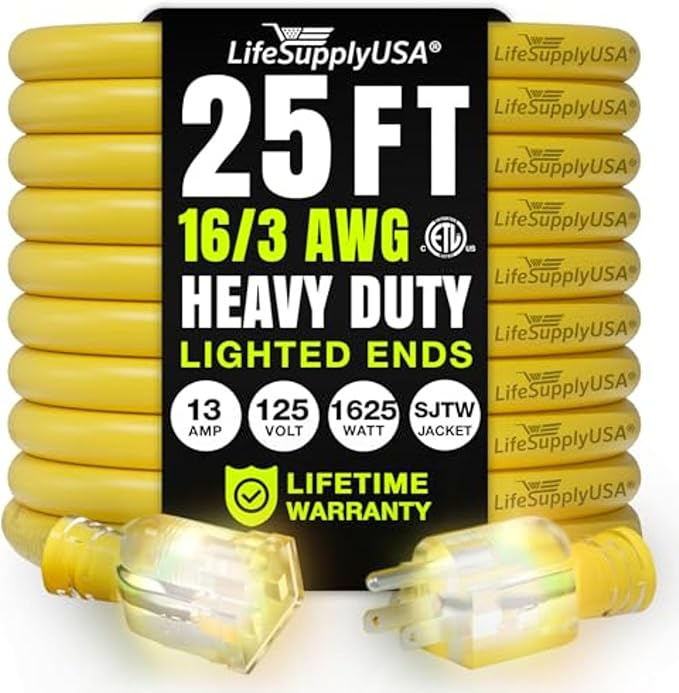 25ft Outdoor/Indoor Extension Cord 16/3 Gauge Heavy Duty 3 Prong SJTW, Waterproof, ETL Listed, Flexible Cold-Resistant Long Power Cord,13A 125V 1625W, Yellow by LifeSupplyUSA