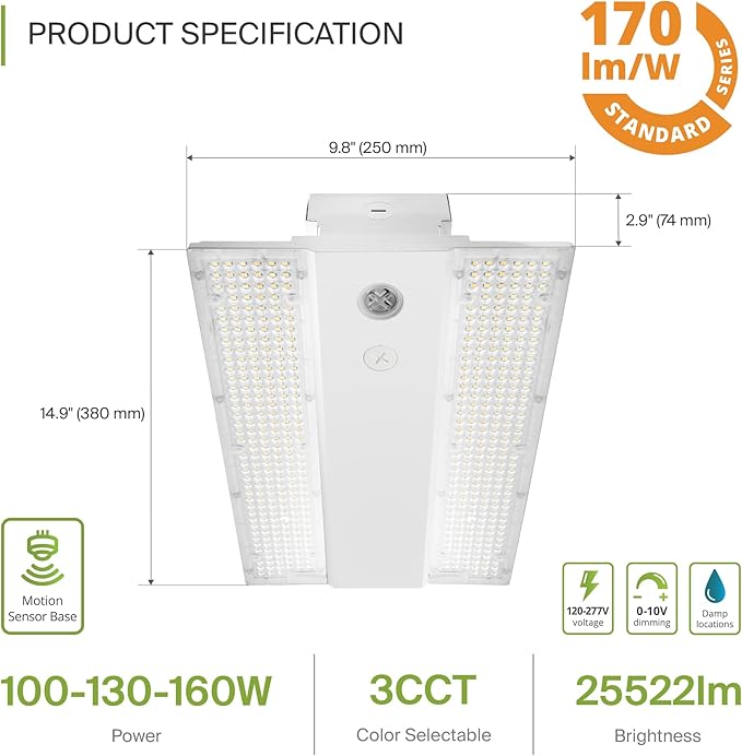 ASD LED Linear High Bay Light Fixture, Commercial Shop Lighting | 3CCT, Dimmable, Power Adjustable, DLC Premium, UL Listed | 160W 25000LM 3500-5000K 100-277V | Warehouse, Garage, Workshop Lamp | White
