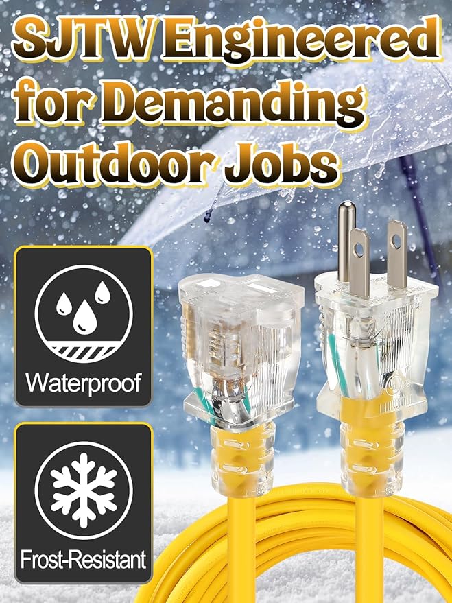 Lighted End Heavy Duty Outdoor Extension Cord Waterproof -16AWG, 3 Prong, 15A, 1875W, Flexible Yellow Power Extension Cord for Outsides, 50ft