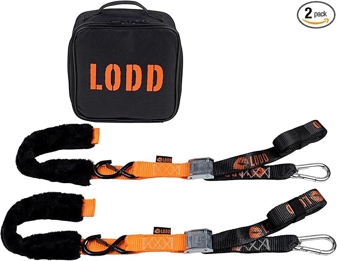 LODD - Motorcycle Tie Down Straps with Heavy-Duty Buckles, Fur Protection, Steel Carabiner, Reinforced Buckle | 2,400 lbs, 1.5" | Trailer Securing for Dirt Bike, Enduro, Trial, Quad, Trail