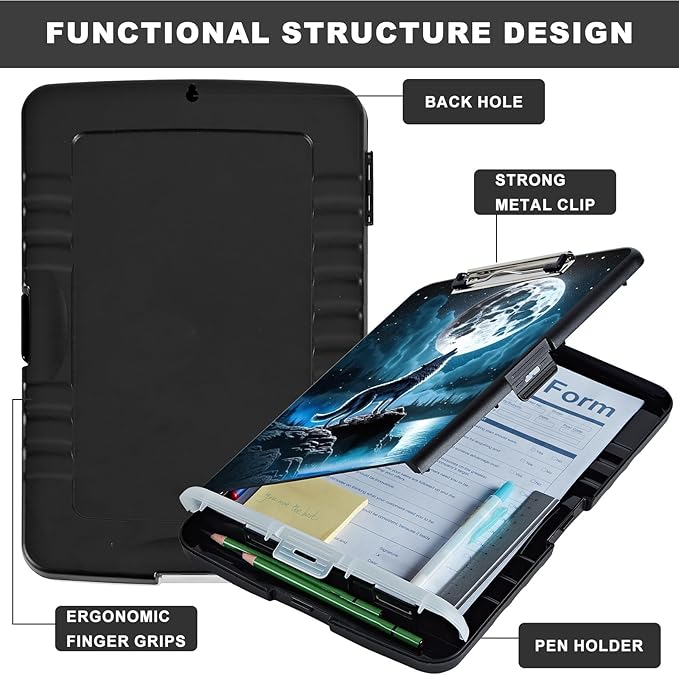 Clipboard with Storage,Heavy Duty Plastic Storage Clipboard with Low Profile Clip,Teacher Must Haves,Office Supplies,Nebula/Galaxy Wolf Moon