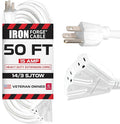 Iron Forge Cable 50ft White Outdoor Extension Cord with 3 Outlets - 14/3 SJTOW Oil Resistant 15 Amp 50ft Extension Cord 3 Prong - Multiple Outlets with Lighted End