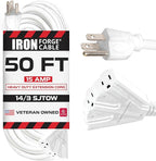 Iron Forge Cable 50ft White Outdoor Extension Cord with 3 Outlets - 14/3 SJTOW Oil Resistant 15 Amp 50ft Extension Cord 3 Prong - Multiple Outlets with Lighted End