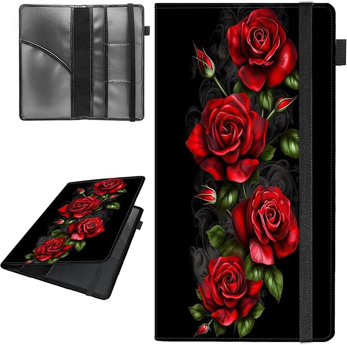 Car Registration and Insurance Holder,Leather Vehicle Glove Box Organizer Wallet for Document,Perfect for any Car,Truck,Motorcycle,Driver License,Trailer or Boat,Men & Women,Red Roses Flowers