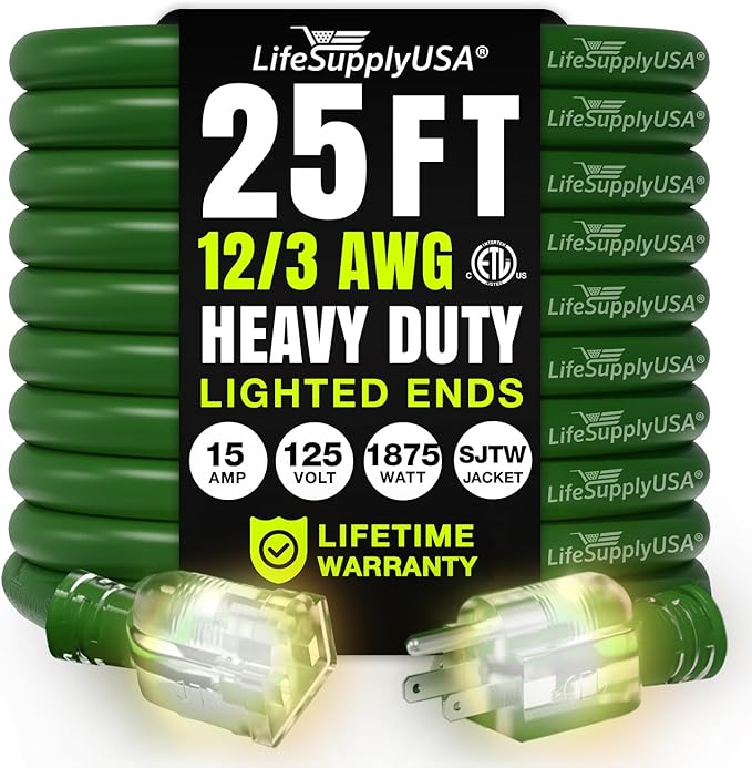 25ft Outdoor/Indoor Extension Cord 12/3 Gauge Extra Heavy Duty 3 Prong SJTW, Waterproof, ETL Listed, Flexible Cold-Resistant Long Power Cord,15A 125V 1875W, Green by LifeSupplyUSA