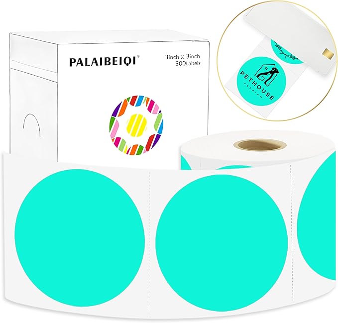 3 X 3 Inch Round Thermal Labels Circle Color Coding Labels Printable Waterproof 500PCS Round Stickers Adhesive Writable for Office, Home, DIY Sticker, Barcodes, Name Tag, Watercolor Green