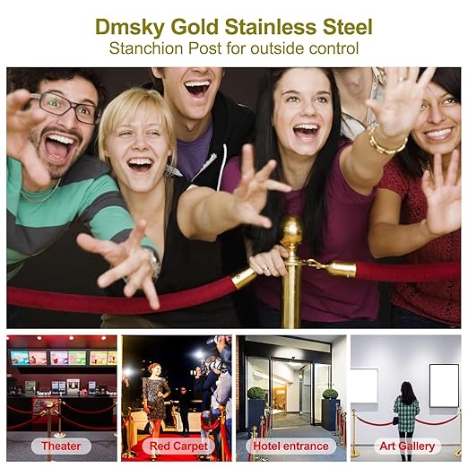 Stainless Steel Stanchion Post Queue 5 ft Red Velvet Rope Red Carpet Ropes and Poles Crowd Control Barriers Sand Injection Hollow Base and Velvet Ropes Set for Party Supplies (8 Pieces, Gold)