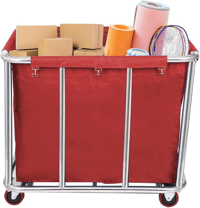 10 Bushels Laundry Cart Commercial/Home,Heavy Duty Large Stainless Steel Rolling Laundry Basket with Wheels，for Laundry Organizer and Storage,260LBS Load (Red)