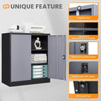 Metal Garage Storage Cabinets with Lock, 36" Tall Tool Cabinet with 2 Door and 2 Adjustable Shelves, Locking Garage Cabinets and Lockable Steel Locker for Home Office Warehouse-(Black Gray-36”H)