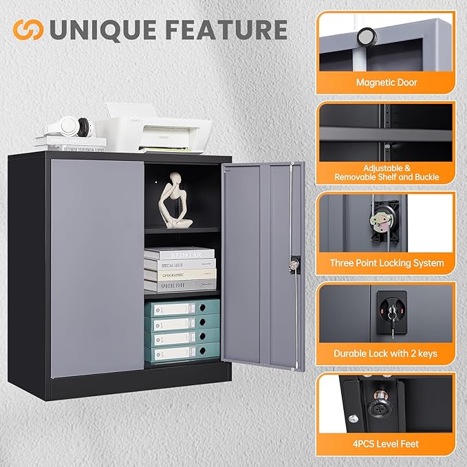 Metal Garage Storage Cabinets with Lock, 36" Tall Tool Cabinet with 2 Door and 2 Adjustable Shelves, Locking Garage Cabinets and Lockable Steel Locker for Home Office Warehouse-(Black Gray-36”H)