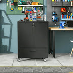 Metal Tool Storage Cabinet with Wheels,Black Heavy Duty Mobile Rolling Tool Cabinets for Garage,Metal Storage Cabinets with 2 Locking Doors and 1 Drawer,Assembly Required