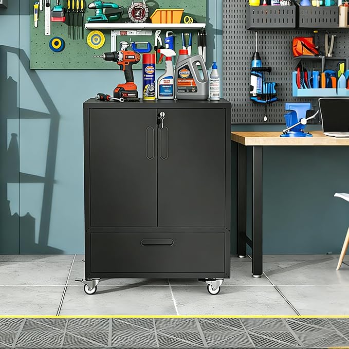 Metal Tool Storage Cabinet with Wheels,Black Heavy Duty Mobile Rolling Tool Cabinets for Garage,Metal Storage Cabinets with 2 Locking Doors and 1 Drawer,Assembly Required