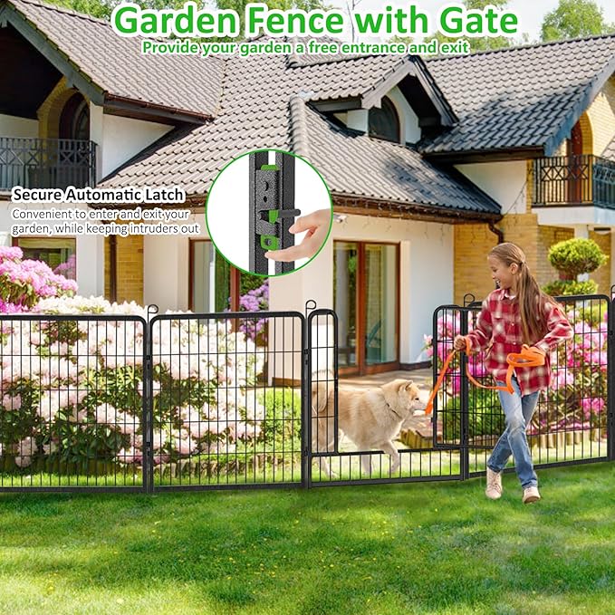 Decorative Metal Garden Fence with Gate Dog Fence Outdoor for Yard, 32in(H) x 85Ft(L) No Dig Fence 32 Panels Fencing for Dogs Animal Barrier Garden Fencing for Yard, Patio, Flower Bed