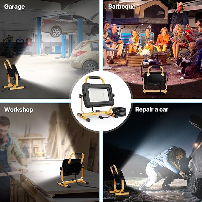 HYPERLITE LED Work Light 5000Lumen: 50W Waterproof Flood Light - Portable Work Light with 6.6FT Cord and Switch for Job Site Garage Workshop Car Repairing Indoor Outdoor Lighting