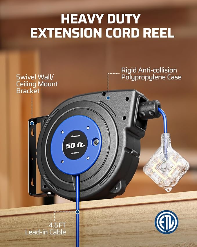 DEWENWILS 50FT Extension Cord Reel, Retractable Extension Cord Reel, Twist-lock Stopper, 14/3C SJTOW, 6 Grounded Outlets, 13A Circuit Breaker, Heavy Duty Power Cord, ETL Listed