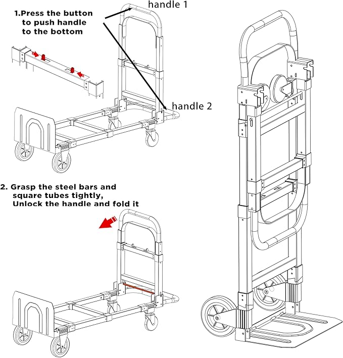 3 in 1 Convertible Hand Truck Dolly Cart with Wheels Collapsible/Folding handtruck Dolly / 2 Straps/Adjustable Height/for Luggages/Cartons/Warehouse/Supermarket/Office / 500 Lbs Load