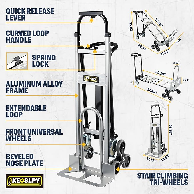 3 in 1 Industrial Convertible Hand Truck Dolly Heavy Duty, 1000LB Capacity Stair Climbing Dolly Cart, Aluminum Collapsible Utility Dolly with Wheels, 3 Positions for Transport, Moving