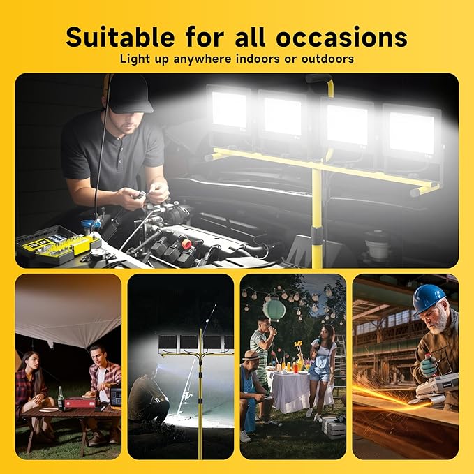 TOPRATED 2 Pack Led Work Light with Stand,28000 Lumen 110V 4 Adjustable Head Outdoor Flood Lights,Foldable Mechanic Light with 16.5Ft Power Cord,Portable Waterproof Tripod with Lamp for Workbench