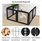 LZRS 6-Panel Extra Wide Wooden Freestanding Dog Gate: Foldable Solid Wood and Steel Wire Chew Resistant Safety Barrier for Doorways, Stairs, and Open Long Spaces Indoor Use, Black