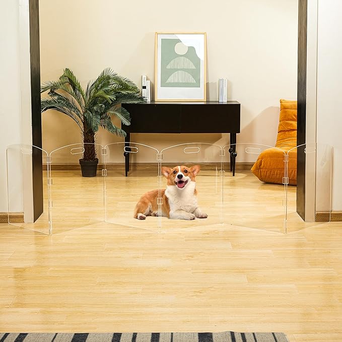 Modern Frame Clear Acrylic Freestanding Pet Gate - 24" High Extra-Wide Folding 6-Panel Dog Barrier for Doorways, Stairs & Large Openings, Indoor Fence for Dogs, Puppies & Cats