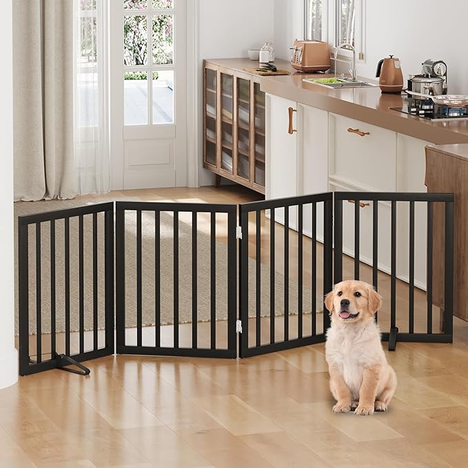 Freestanding Foldable Dog Gate - 4 Panel Room Divider with Metal Support Feet (Black)