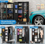 Garage Storage Cabinet with Wheels and 5 Pegboard, Metal Storage Cabinets with 2 Doors and 4 Shelves, Broom Closet Storage Cabinet with Hanging Rod and 13 Hooks, 70.87" Hx33.5 Wx17.7 D, Black