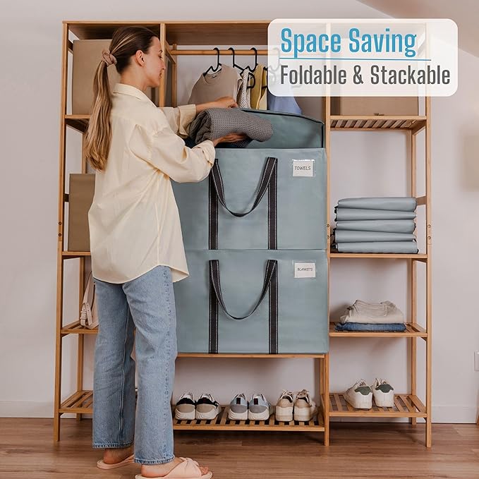 VENO 10 Pack Moving Bags and Large Christmas Storage Bins with lids. Alternative to Moving Boxes, Packing Supplies for College. Extra Large Heavy Duty Totes for Packaging (Light Blue Matte, 10 Pack)