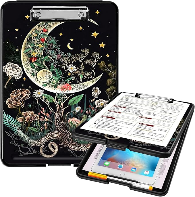 A4 Clipboards,Heavy Duty Waterproof Nursing Plastic Folder Clipboard with Storage Clip Boards,File Folder Storage Box Clipboard Case for Teacher,Doctor,Offices,Moon Flowers