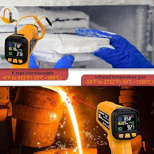 Infrared Thermometer Gun -58°F to 2732°F, IR Temperature Gun with K-Type Probe for Internal Readings, 50:1 High Temp Laser Thermometers Tool for Kilns, Furnaces, HVAC, BBQ Home & Industrial Use