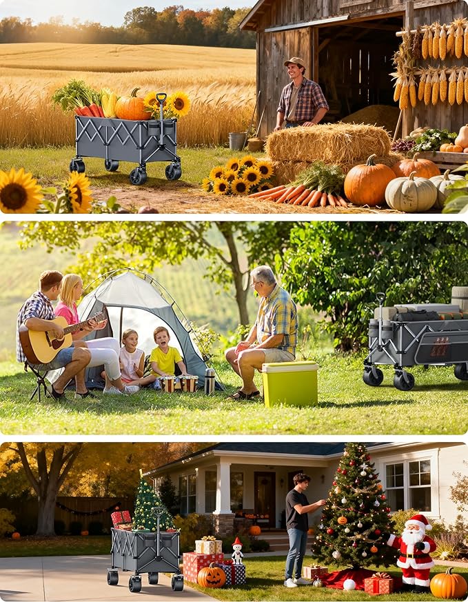 Wagons Carts Foldable Heavy Duty,440lbs Capacity & 350L Collapsible Utility Cart with Big All Terrain Wheels for Beach, Garden, Camping, Grocery Slate Gray