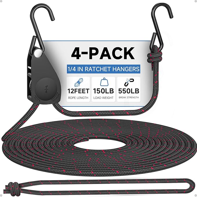 Fondwell 1/4" Tie Downs Ratchet Straps: 4-Pack Rope Hangers with Protective Soft Loops - Secure Tie Down Ratcheting for Transport
