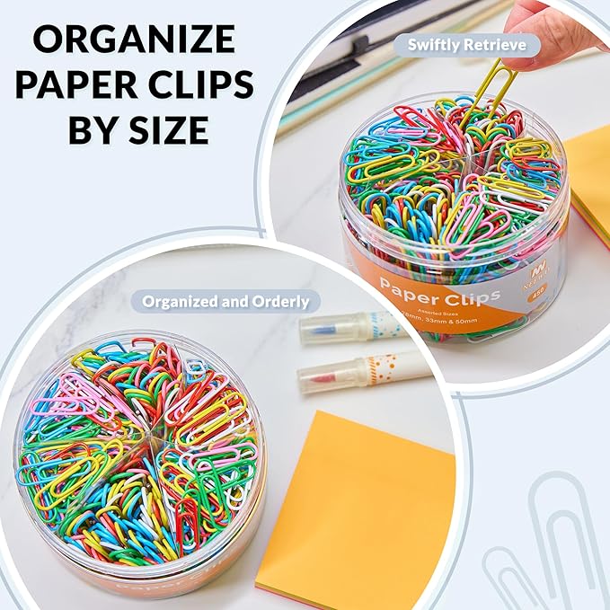 NEEWAY 450pcs Paper Clips Assorted Sizes with 100 Sheets Sticky Notes Set, Colored Paperclips for Office Document Organizing