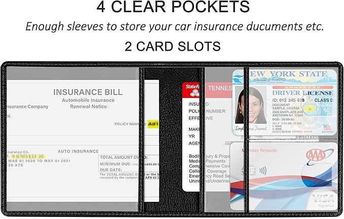 Car Registration and Insurance Holder, Premium PU Leather Vehicle Glove Box Car Organizer Men Women Wallet Accessories Case for ID, Driver's License - Black