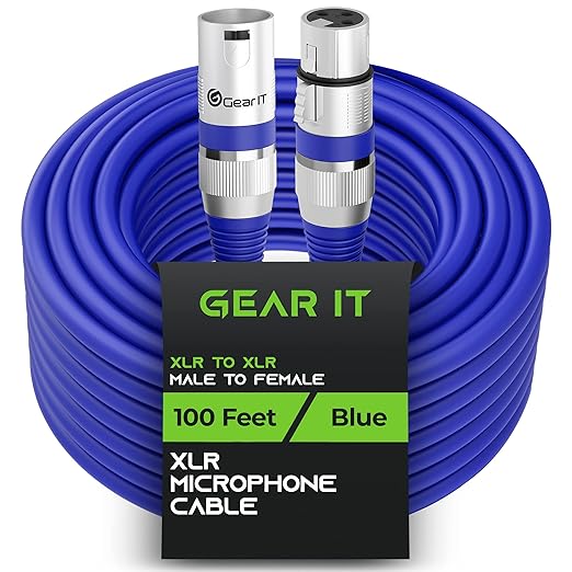 GEARit XLR Male to Female Microphone Cable (100 Feet, 1 Pack) 3-Pin Balanced Shielded Mixer, Recording Studio, Podcast - Blue