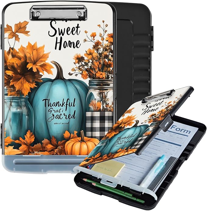 Clipboard with Storage Box & Pen Holder,Heavy Duty Clip Boards 8.5x11 for Nursing,High Capacity,School & Office Supplies,Fall Pumpkins