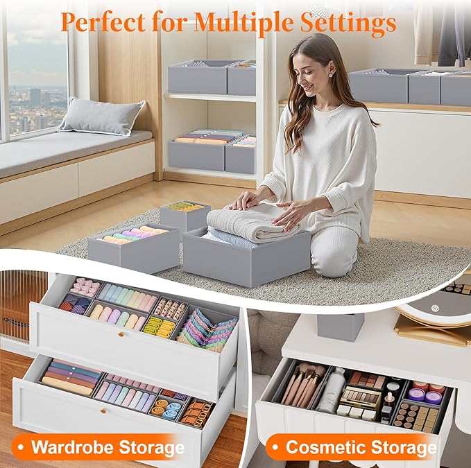 Drawer Organizer Clothes, 24 Pack Drawer Organizers and Underwear Organizer for Nursery, Dividers Clothes Organizer, Closet Organization and Foldable Storage Bins for Socks, Bra, Tie, Grey